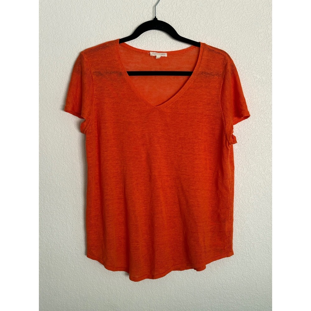 Eileen Fisher Womens Orange V-Neck Short Sleeve Sheer Slub Knit Top Size L